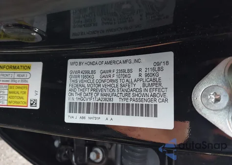 2018 Honda Accord Lx z USA, uszkodzony, nr VIN 1HGCV1F17JA238283